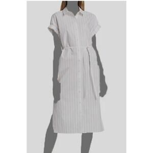 FRAME Women's Button Striped Shirtdress XS White Midi Cotton Short Cuff Sleeve